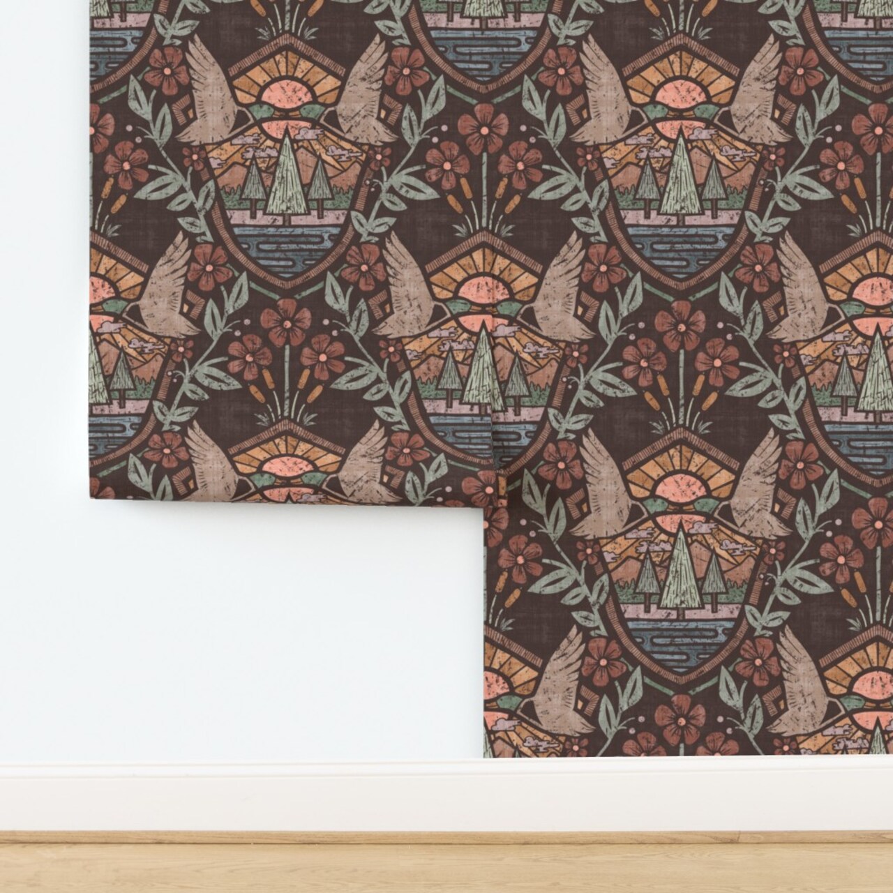 Cabincore Wildlife Camp Woodland Floral Botanical Autumn Sunshine Retro Camping Lake House Rustic Cabin Lodge Hunting Lodge Nature Large Scale Custom Pre-pasted Wallpaper by Spoonflower Pre-Pasted Wallpaper 2FT Wide
